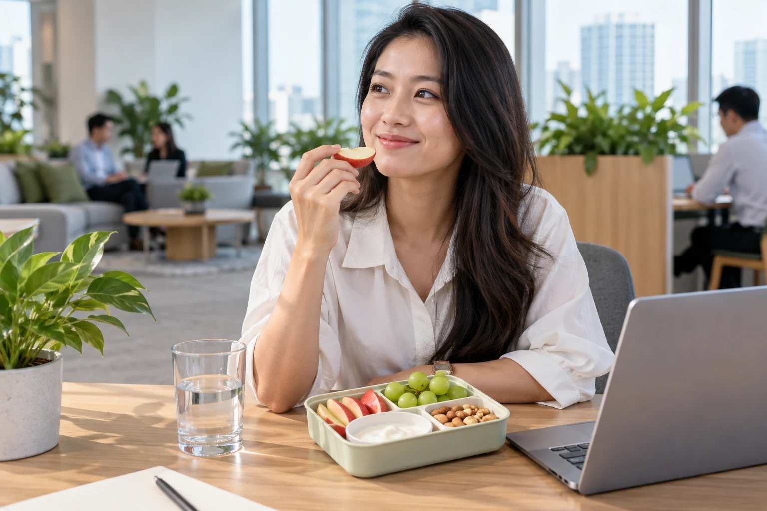 Bữa phụ văn ph&ograve;ng với t&aacute;o, nho, sữa chua v&agrave; c&aacute;c loại hạt