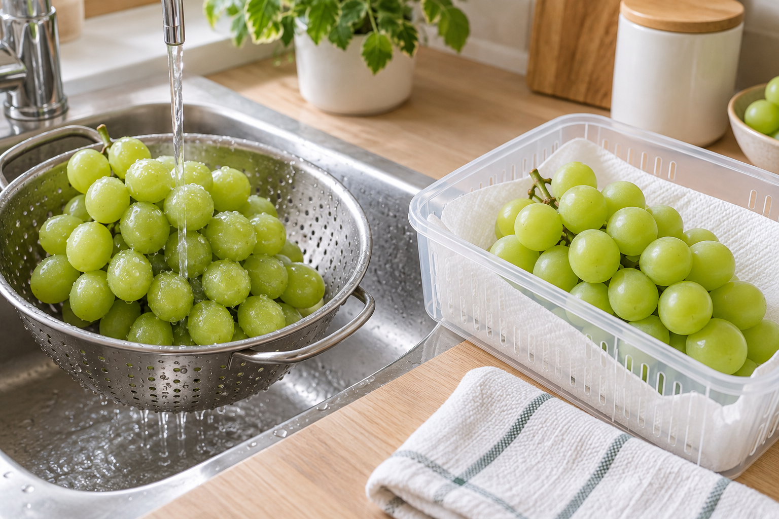 Rửa lượng nho sữa vừa đủ v&agrave; giữ phần chưa d&ugrave;ng kh&ocirc; r&aacute;o trong hộp tho&aacute;ng