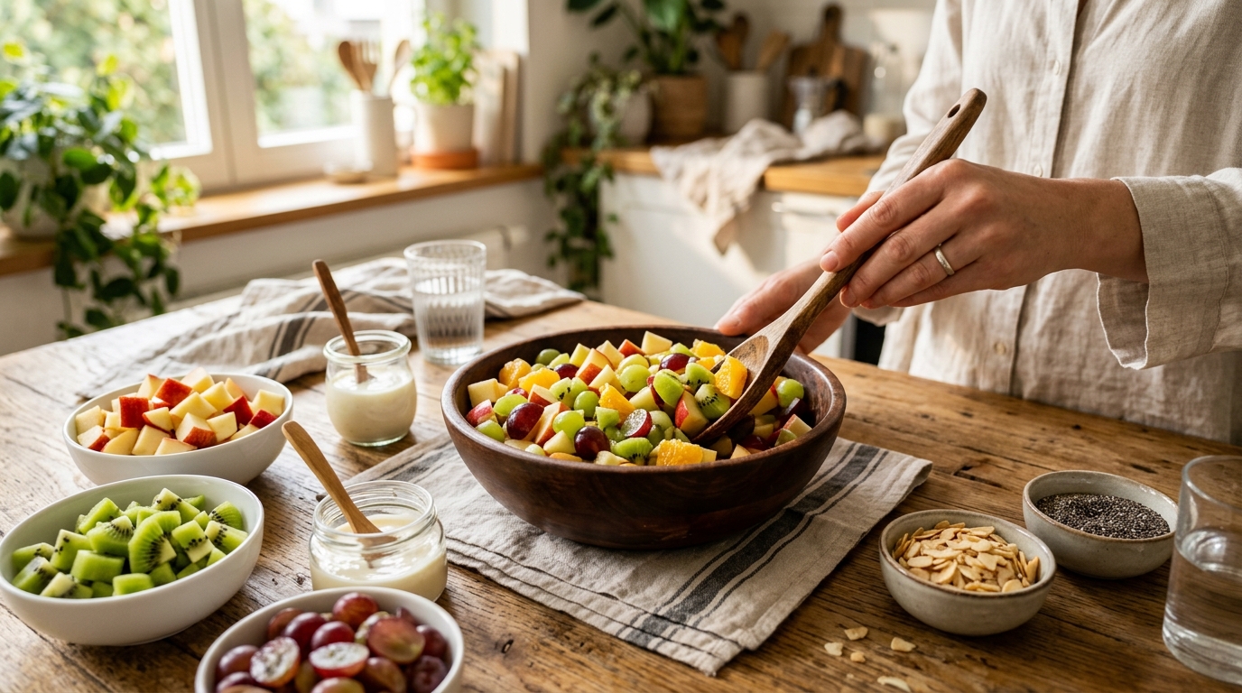 Trộn salad tr&aacute;i c&acirc;y tươi c&ugrave;ng sốt sữa chua Hy Lạp v&agrave; hạt dinh dưỡng