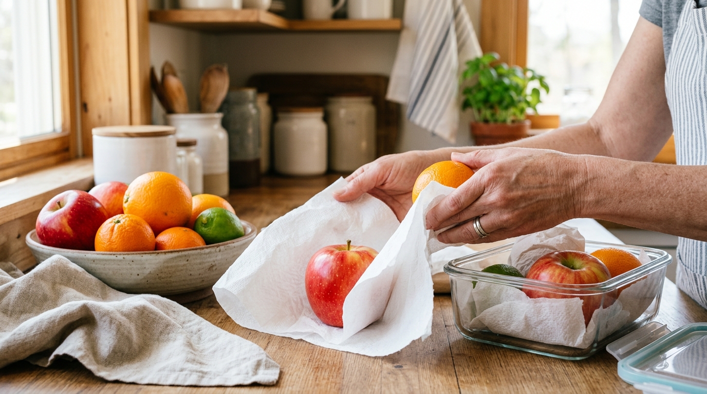 D&ugrave;ng khăn giấy thấm kh&ocirc; v&agrave; bọc ri&ecirc;ng từng quả để chống ẩm ng&agrave;y nồm
