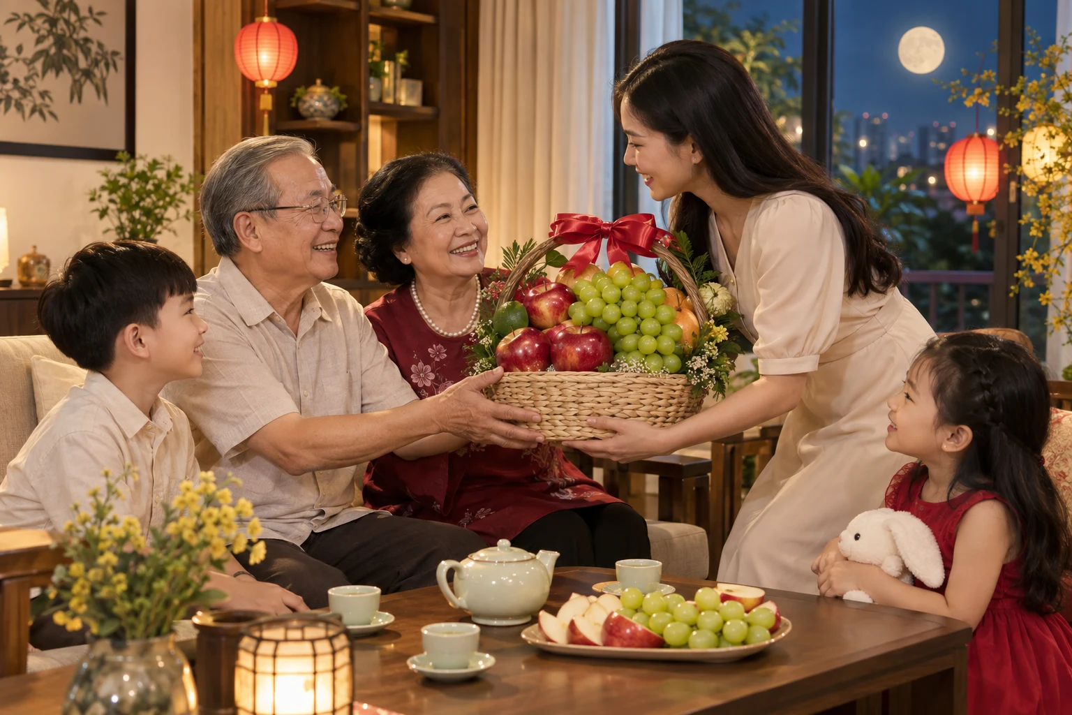 Gia đ&igrave;nh trao tặng giỏ tr&aacute;i c&acirc;y nhập khẩu trong ng&agrave;y Tết Trung Thu