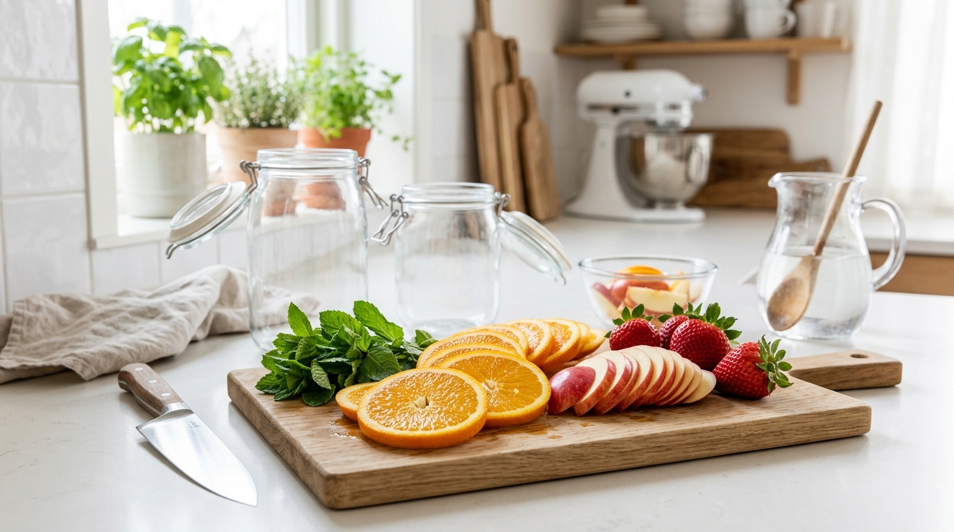 Chuẩn bị nguy&ecirc;n liệu l&agrave;m nước detox tr&aacute;i c&acirc;y tươi tr&ecirc;n thớt gỗ